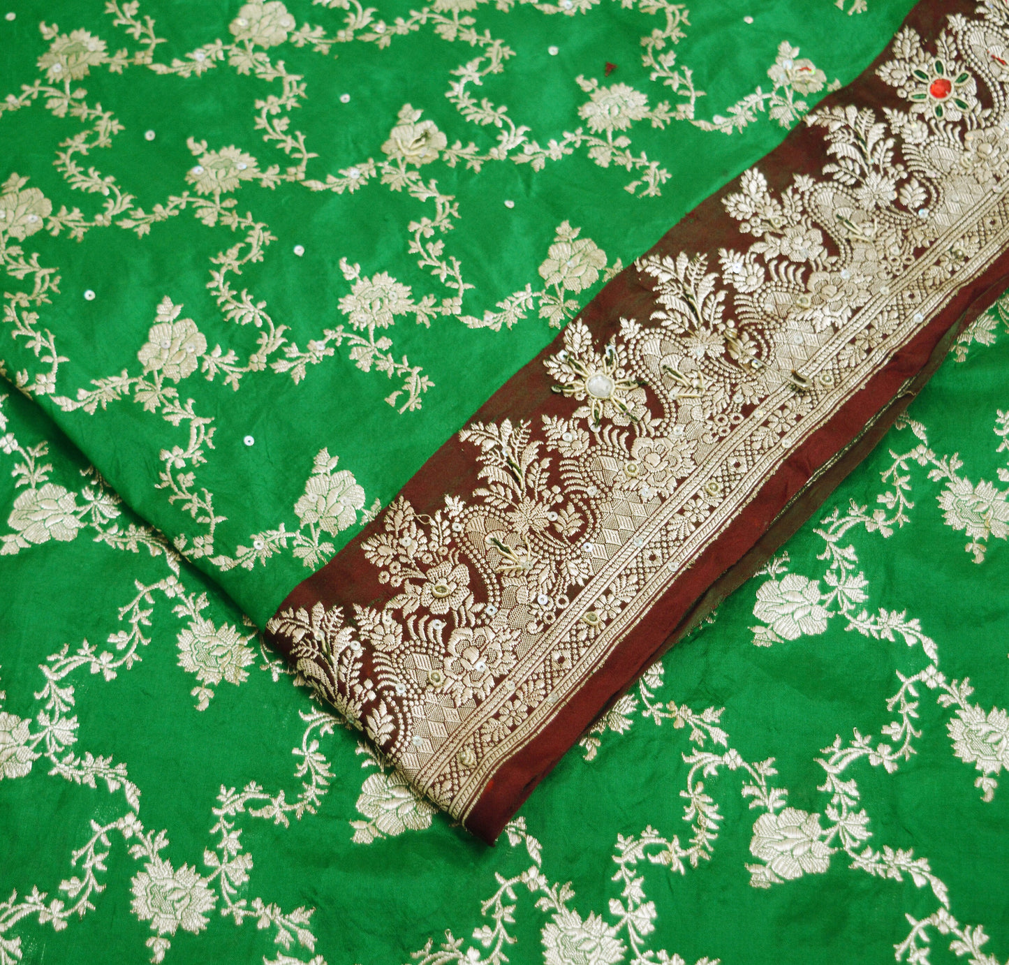 Vintage Sari Heavy Wedding Pure Satin Silk Hand Embroidered Banarsi Brocade Saree Zari/Zardozi/Dabka 5Yd