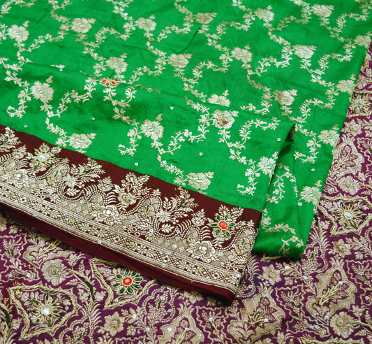 Vintage Sari Heavy Wedding Pure Satin Silk Hand Embroidered Banarsi Brocade Saree Zari/Zardozi/Dabka 5Yd