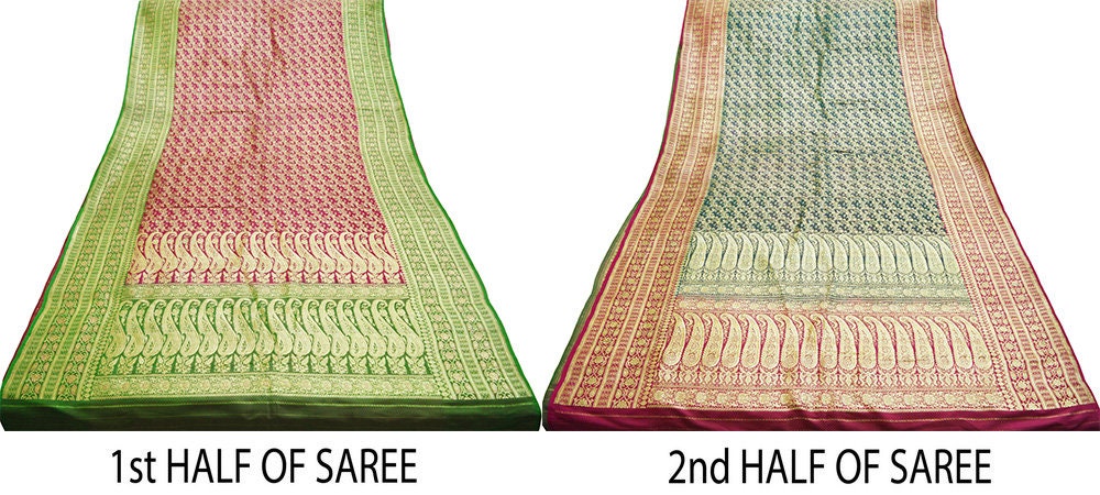 Vintage Sari Rani Pink & Green Heavy Pure Satin Silk Woven Banarasi Brocade Saree Silver Zari 5Yard