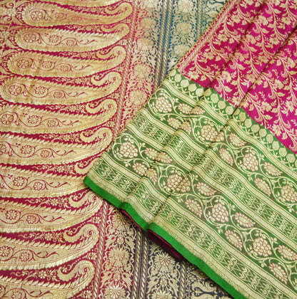 Vintage Sari Rani Pink & Green Heavy Pure Satin Silk Woven Banarasi Brocade Saree Silver Zari 5Yard