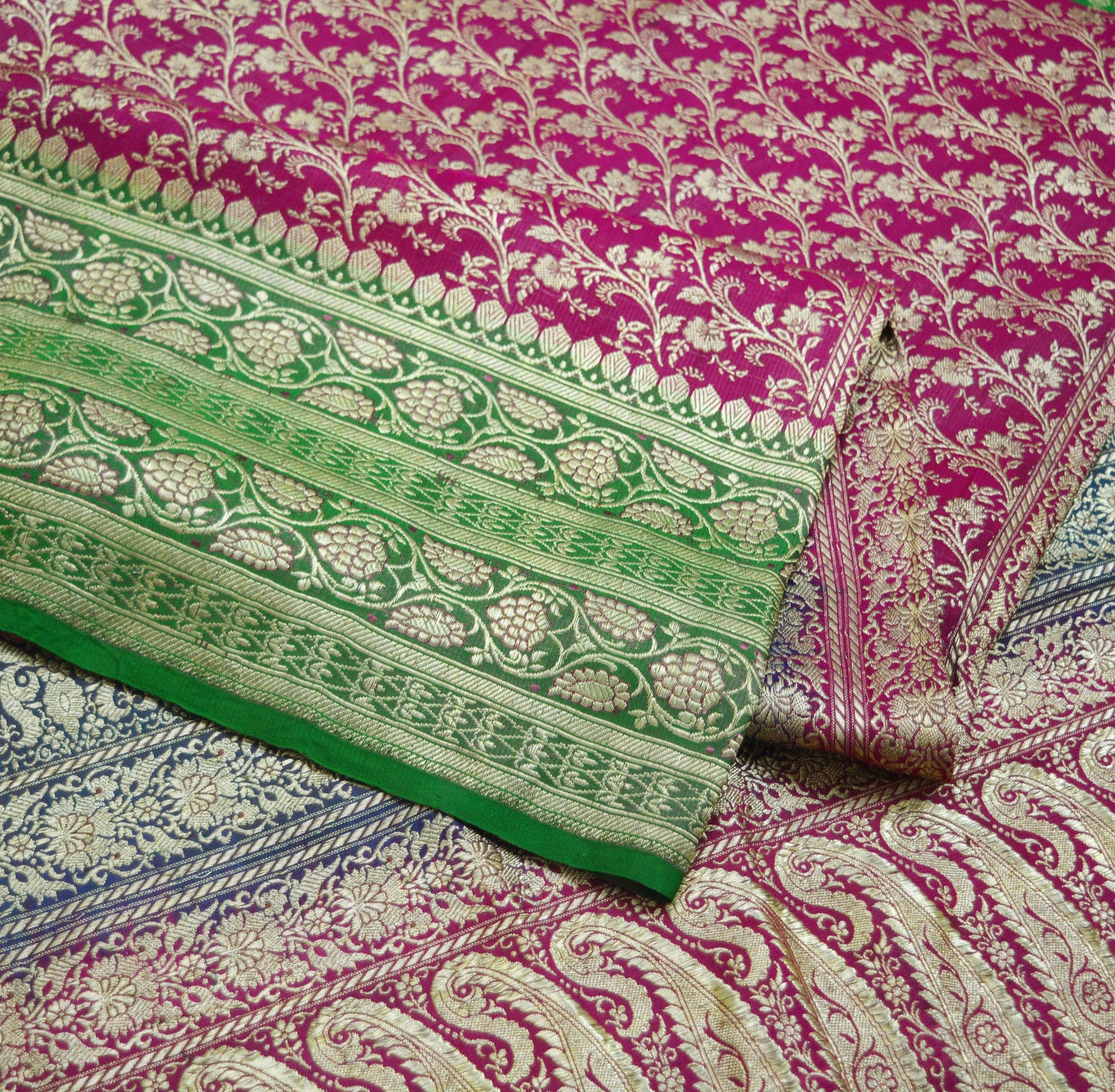 Vintage Sari Rani Pink & Green Heavy Pure Satin Silk Woven Banarasi Brocade Saree Silver Zari 5Yard