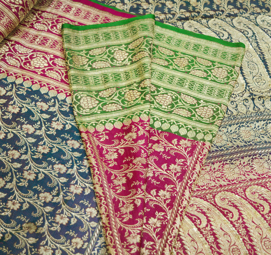 Vintage Sari Rani Pink & Green Heavy Pure Satin Silk Woven Banarasi Brocade Saree Silver Zari 5Yard