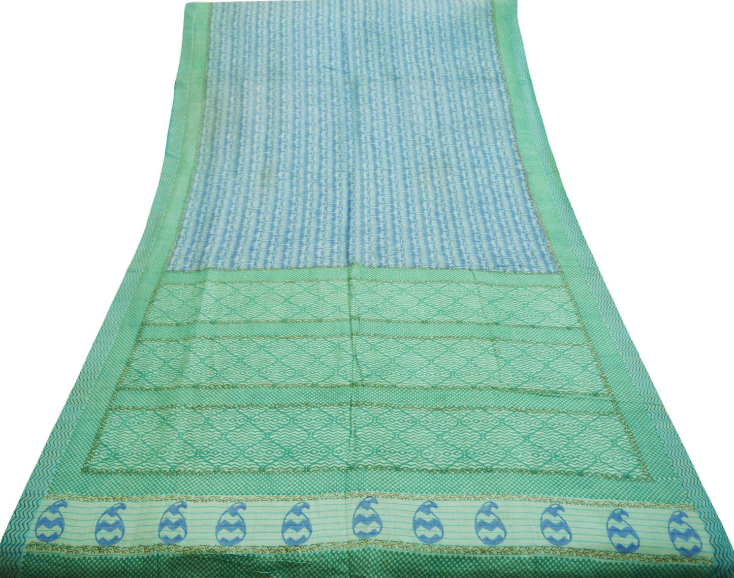 Vintage Blue & Green Heavy Saree Pure Woolen Woven Printed Indian Sari Soft Warm Fabric 5Yard Floral Woven Border