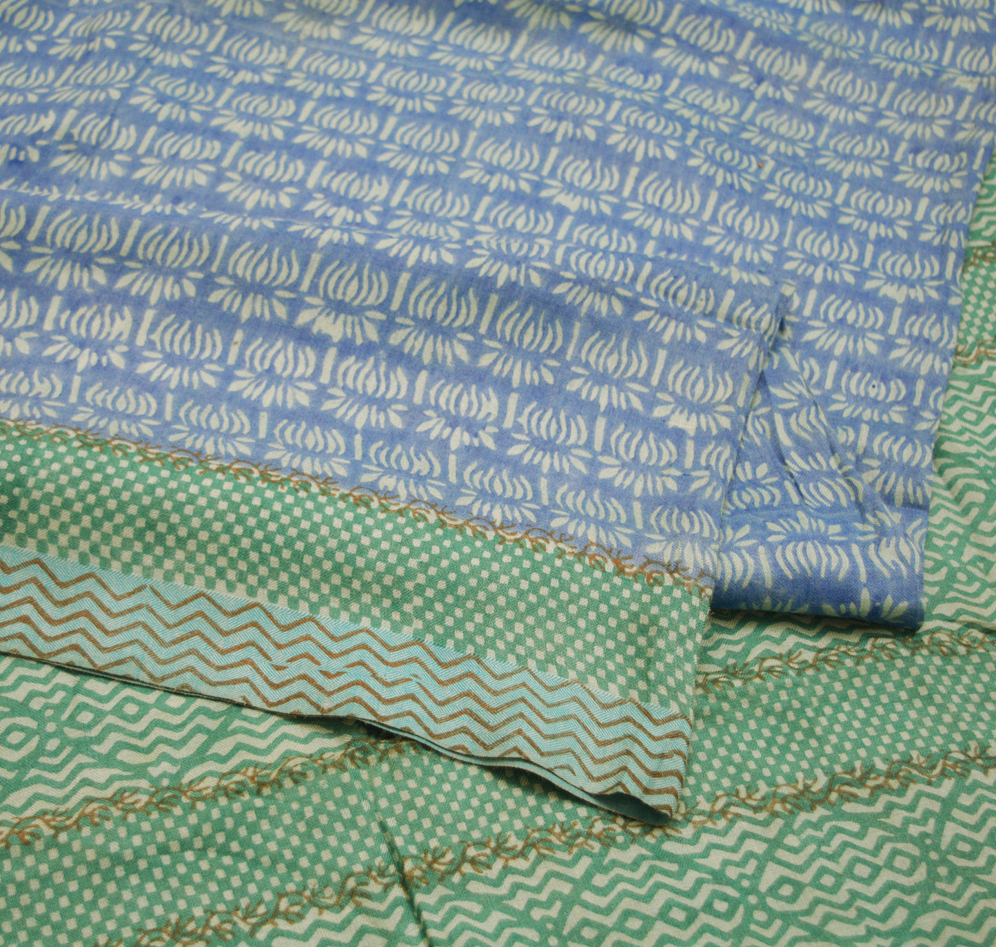 Vintage Blue & Green Heavy Saree Pure Woolen Woven Printed Indian Sari Soft Warm Fabric 5Yard Floral Woven Border