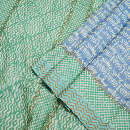 Vintage Blue & Green Heavy Saree Pure Woolen Woven Printed Indian Sari Soft Warm Fabric 5Yard Floral Woven Border