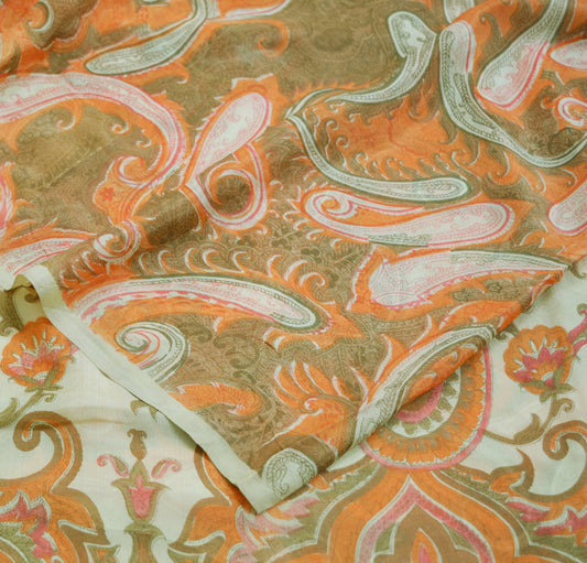 Vintage Sari Orange & Ivory Pure Silk Printed Saree Fabric 6yard Sewing Soft Dress Designing for Crafting Paisley