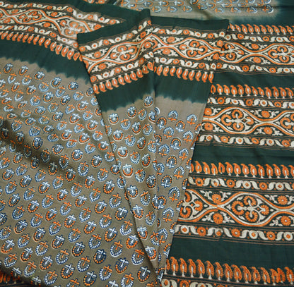 Indian Vintage Sari Brown & Black Pure Silk Printed Saree 5yd Sewing Craft Fabric DressMaking Soft