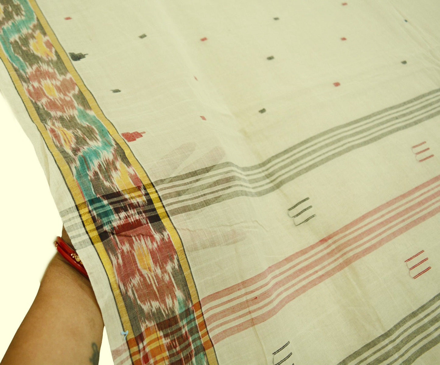 Indian Vintage Off-white Hand woven Sambalpuri Ikat sari Saree Pure Cotton Indian Sari Fabric 5Yard Ethnic Chackra Border