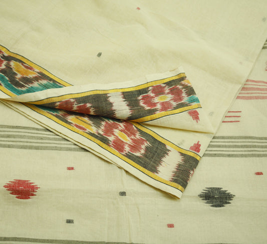 Indian Vintage Off-white Hand woven Sambalpuri Ikat sari Saree Pure Cotton Indian Sari Fabric 5Yard Ethnic Chackra Border