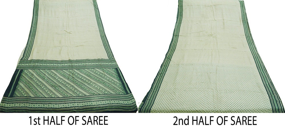 Vintage Ivory & Blue Heavy Saree Pure Woolen Woven Printed Indian Sari Soft Warm Fabric 5Yard Zigzag Woven Border Fringes