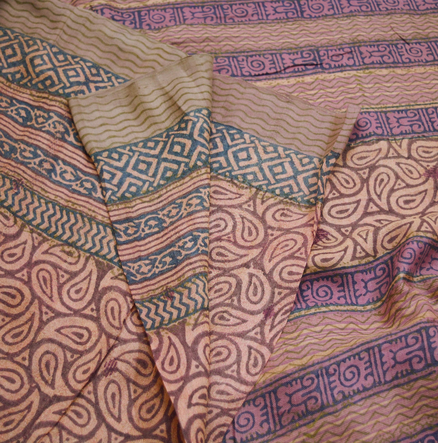 Vintage Peach & Purple Heavy Saree Pure Woolen Woven Printed Indian Sari Soft Warm Fabric 5Yard Floral Woven Border