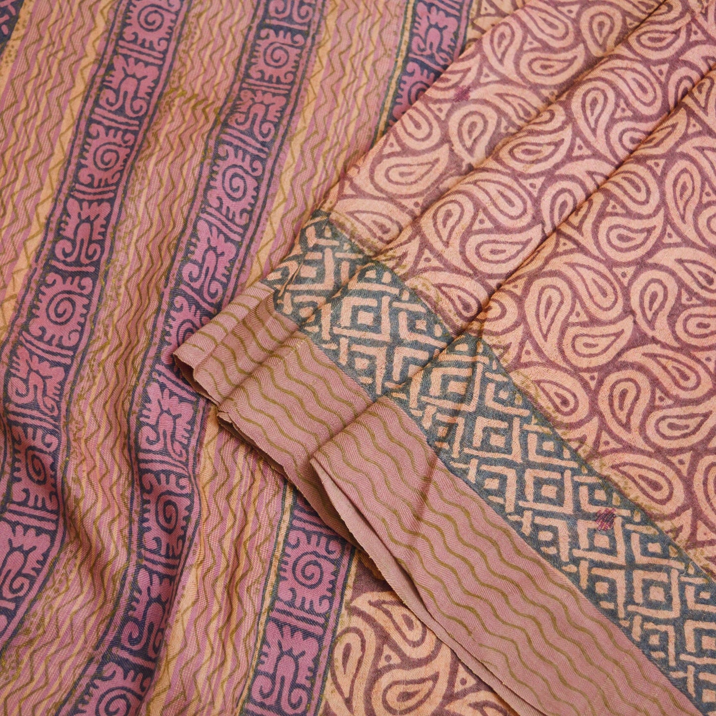 Vintage Peach & Purple Heavy Saree Pure Woolen Woven Printed Indian Sari Soft Warm Fabric 5Yard Floral Woven Border