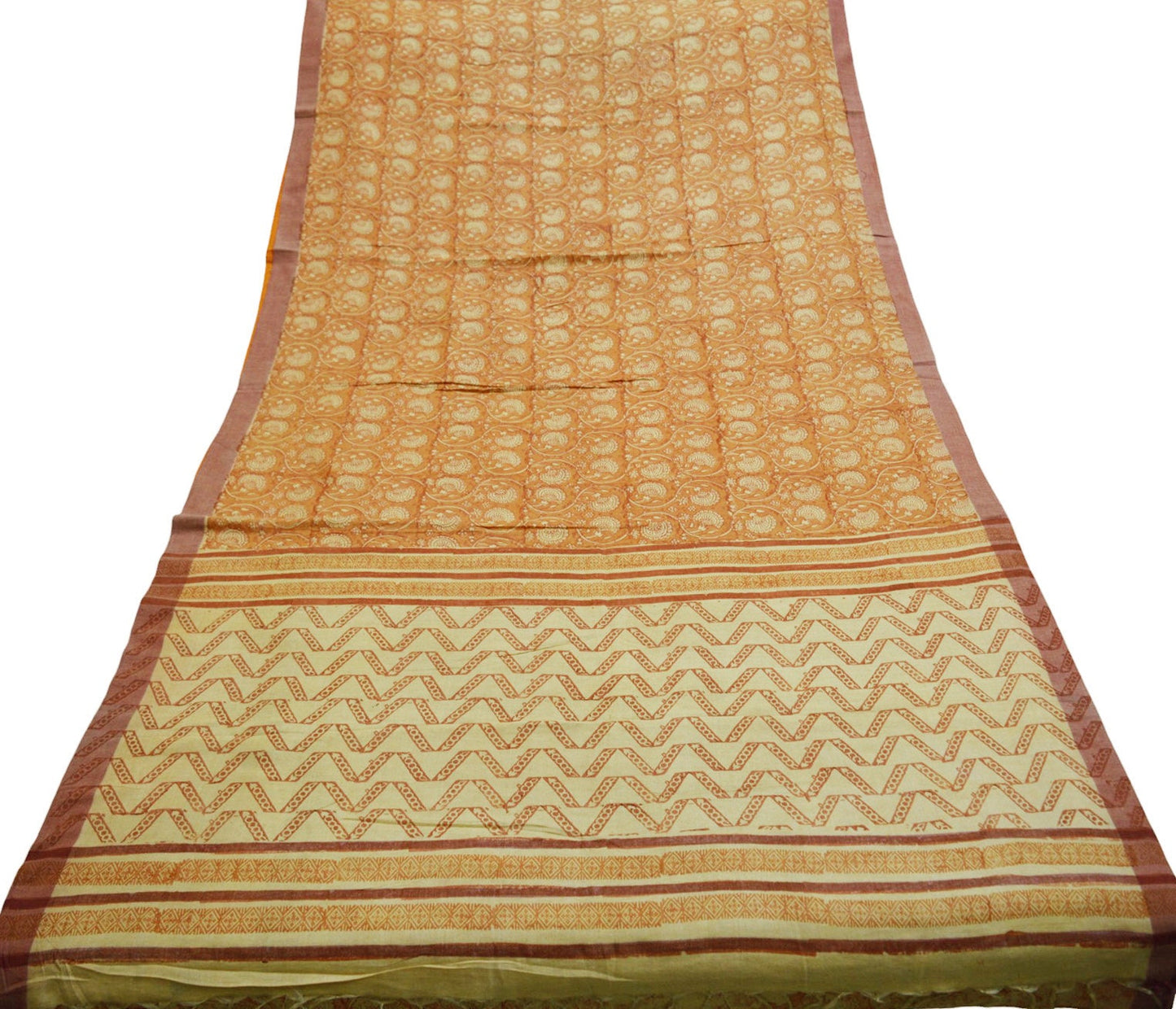 Vintage Beige Heavy Saree Pure Woolen Woven Printed Indian Sari Soft Warm Fabric 5Yard Zigzag Woven Border Fringes