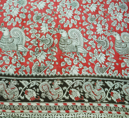 Indian Vintage Sari Kalamkari Printed Pure Cotton Saree  Fabric Soft Floral 5Yd Sarong Wrap Fabric Peacock