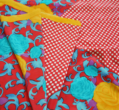 Indian Vintage Sari Red Pure Crepe Silk Printed Saree 5yard Sewing Floral Soft Craft Fabric Wrap