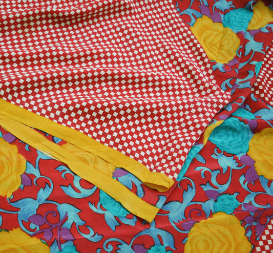 Indian Vintage Sari Red Pure Crepe Silk Printed Saree 5yard Sewing Floral Soft Craft Fabric Wrap