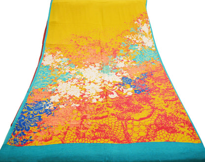Indian Vintage Sari Red & Yellow  Pure Crepe Silk Printed Saree 5yard Sewing Abstract Soft Craft Fabric Wrap