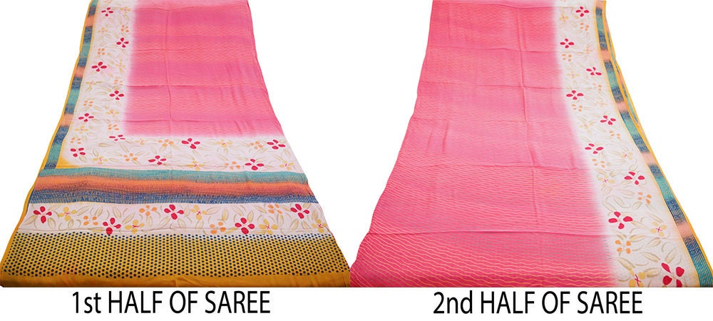 Indian Vintage Sari Cream & Pink Pure Crepe Silk Printed Saree 5yard Sewing Floral Soft Craft Fabric Wrap