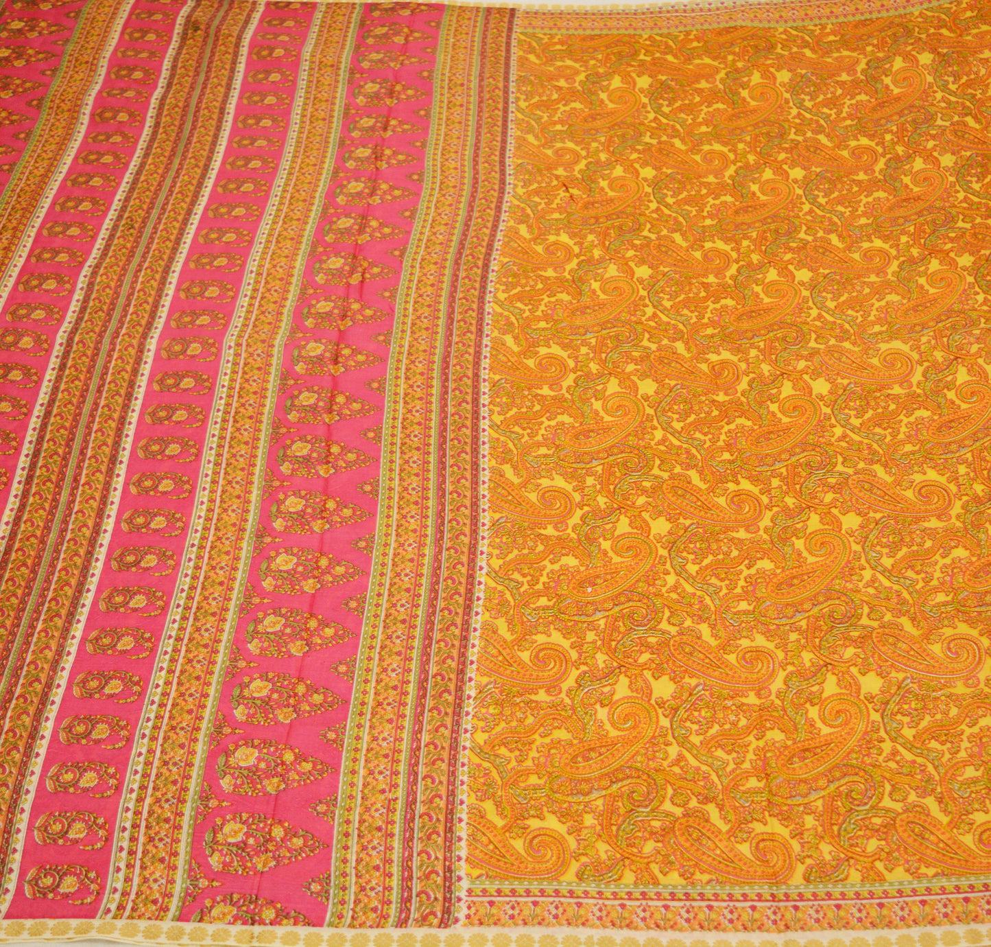 Indian Vintage Sari Pink & Yellow Pure Silk Printed Saree Fabric 5yd Sewing Craft Fabric DressMaking Soft