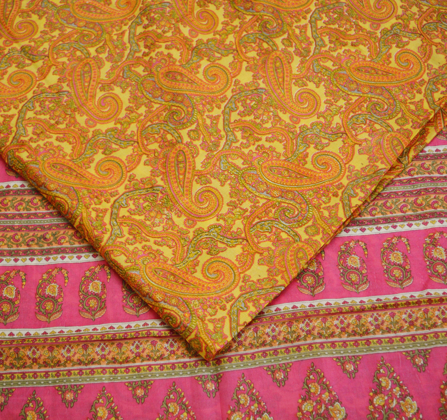 Indian Vintage Sari Pink & Yellow Pure Silk Printed Saree Fabric 5yd Sewing Craft Fabric DressMaking Soft