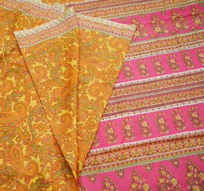 Indian Vintage Sari Pink & Yellow Pure Silk Printed Saree Fabric 5yd Sewing Craft Fabric DressMaking Soft