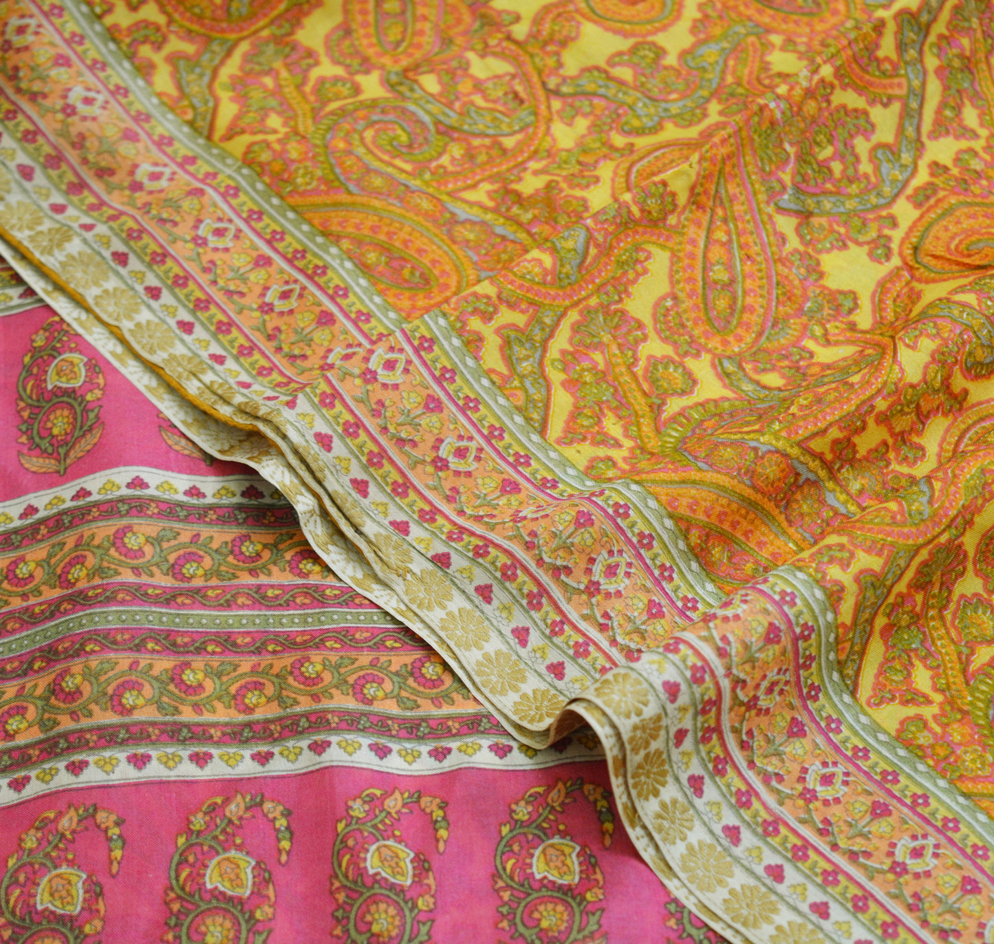 Indian Vintage Sari Pink & Yellow Pure Silk Printed Saree Fabric 5yd Sewing Craft Fabric DressMaking Soft