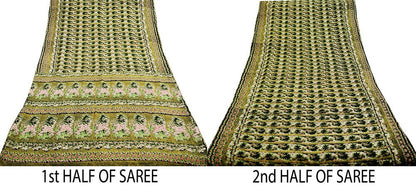 Vintage Sari Black Pure Silk Printed Saree Craft Fabric 6yard Sewing Floral Soft Dress Designing  for Crafting