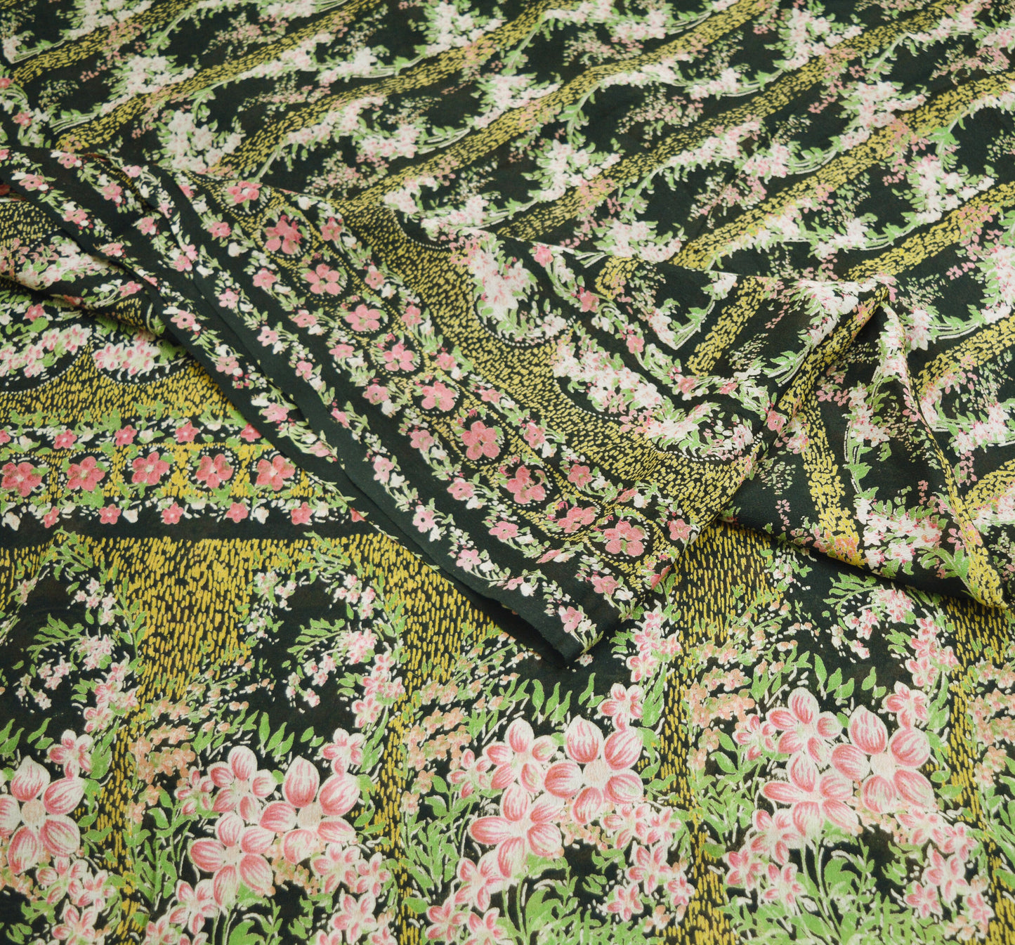 Vintage Sari Black Pure Silk Printed Saree Craft Fabric 6yard Sewing Floral Soft Dress Designing  for Crafting