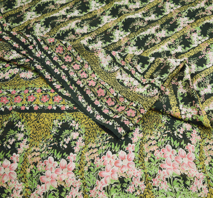 Vintage Sari Black Pure Silk Printed Saree Craft Fabric 6yard Sewing Floral Soft Dress Designing  for Crafting