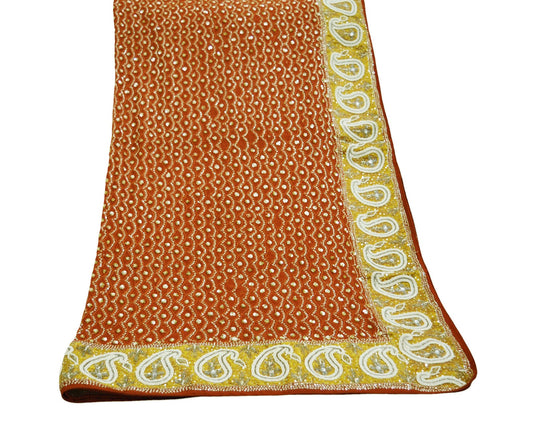 Indian Vintage Heavy Orange Dupatta Pure Georgette Silk Long Stole Hand Embroidered Scarf Sequins Paisley Tissue patch