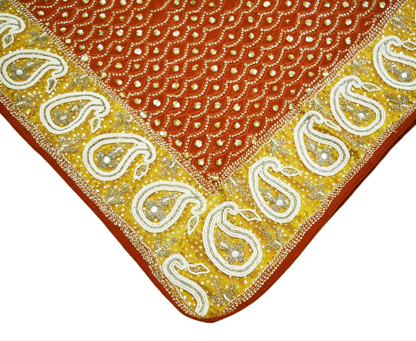 Indian Vintage Heavy Orange Dupatta Pure Georgette Silk Long Stole Hand Embroidered Scarf Sequins Paisley Tissue patch