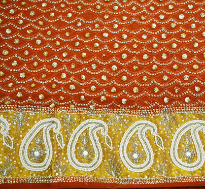 Indian Vintage Heavy Orange Dupatta Pure Georgette Silk Long Stole Hand Embroidered Scarf Sequins Paisley Tissue patch