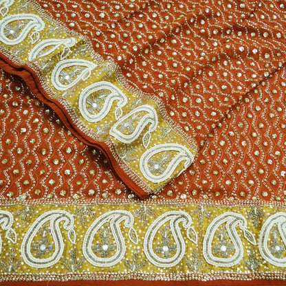 Indian Vintage Heavy Orange Dupatta Pure Georgette Silk Long Stole Hand Embroidered Scarf Sequins Paisley Tissue patch