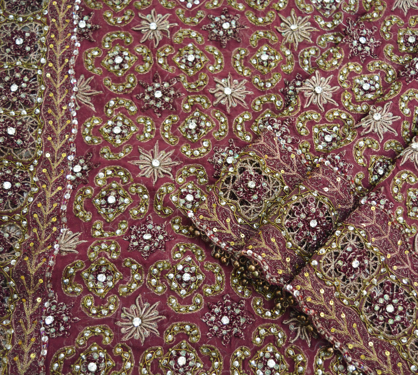 Indian Vintage Heavy Purple Dupatta Pure Georgette Silk Long Stole Hand Embroidered Scarf Zardozi/Dabka Zari Sequins