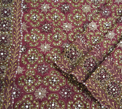 Indian Vintage Heavy Purple Dupatta Pure Georgette Silk Long Stole Hand Embroidered Scarf Zardozi/Dabka Zari Sequins