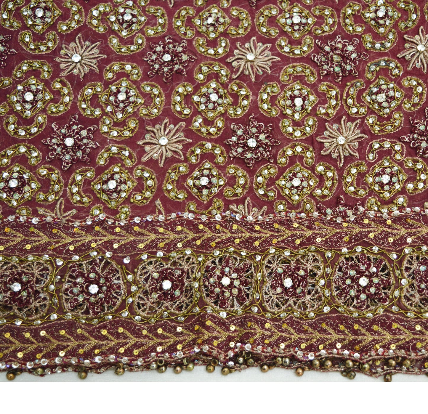 Indian Vintage Heavy Purple Dupatta Pure Georgette Silk Long Stole Hand Embroidered Scarf Zardozi/Dabka Zari Sequins