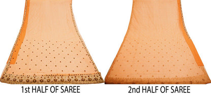 Indian Vintage Orange Saree Net/Mesh Hand Embroidered Indian Sari Fabric 6Yd Sewing Soft Zardozi/Dabka Zari Sequins