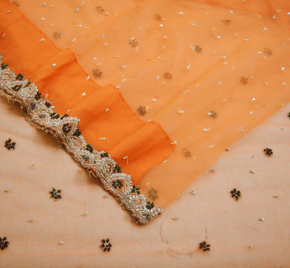 Indian Vintage Orange Saree Net/Mesh Hand Embroidered Indian Sari Fabric 6Yd Sewing Soft Zardozi/Dabka Zari Sequins