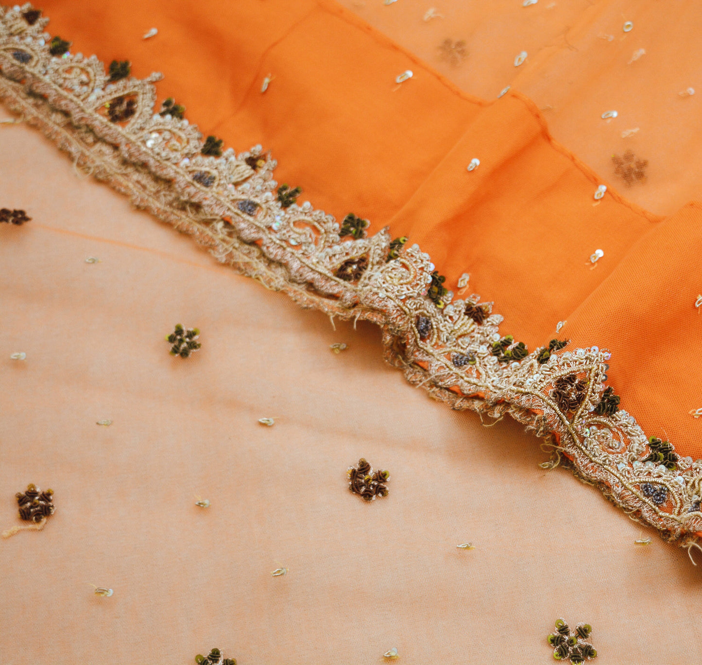 Indian Vintage Orange Saree Net/Mesh Hand Embroidered Indian Sari Fabric 6Yd Sewing Soft Zardozi/Dabka Zari Sequins
