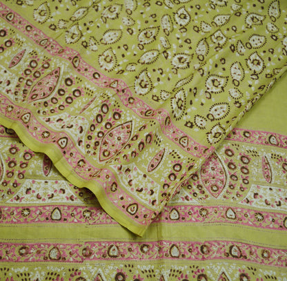 Indian Vintage Sari Beige  Block Printed Pure Cotton Saree Craft Soft Fabric 5Yard Sewing Sarong Wrap Boho Floral