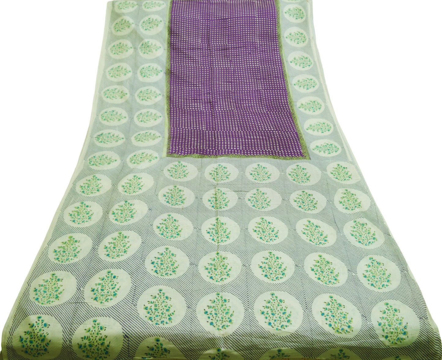 Indian Vintage Sari White & Purple Printed Pure Cotton Saree Craft Soft Fabric 5Yard Sewing Sarong Wrap Boho Floral