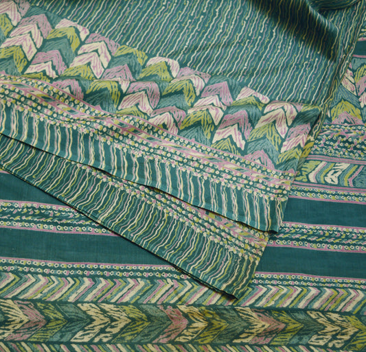 Indian Vintage Sari Grayish Blue  Printed Pure Cotton Indian Craft Soft Fabric 5Yard Sewing Sarong Wrap Boho Floral