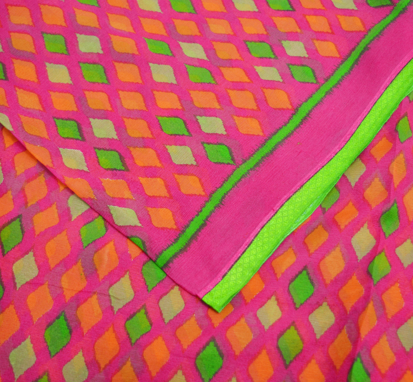 Women Vintage Sari Orange & Pink Pure Chiffon Silk Printed Saree Craft Fabric Sewing 6Yard Soft Light Sari Dress Making
