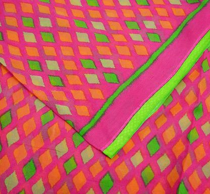 Women Vintage Sari Orange & Pink Pure Chiffon Silk Printed Saree Craft Fabric Sewing 6Yard Soft Light Sari Dress Making