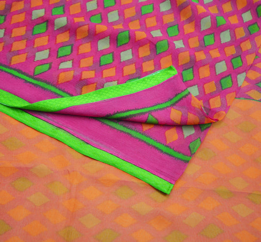 Women Vintage Sari Orange & Pink Pure Chiffon Silk Printed Saree Craft Fabric Sewing 6Yard Soft Light Sari Dress Making