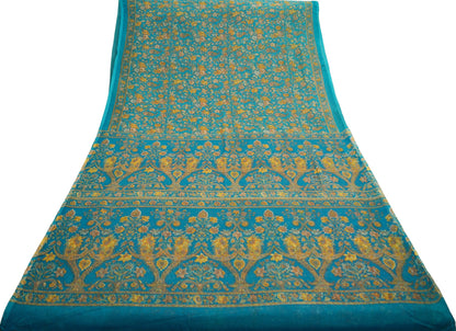 Indian Women Vintage Sari Blue Chiffon Printed Saree Sewing 6yard Soft Craft Floral Design Wrap Boho