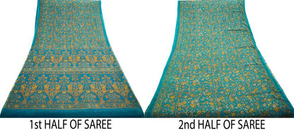 Indian Women Vintage Sari Blue Chiffon Printed Saree Sewing 6yard Soft Craft Floral Design Wrap Boho