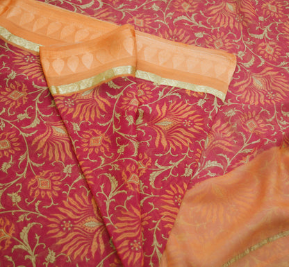 Women Vintage Sari Orange & Pink Pure Chiffon Silk Printed Saree Craft Fabric Sewing 6Yard Soft Light Sari Dress Making Zari