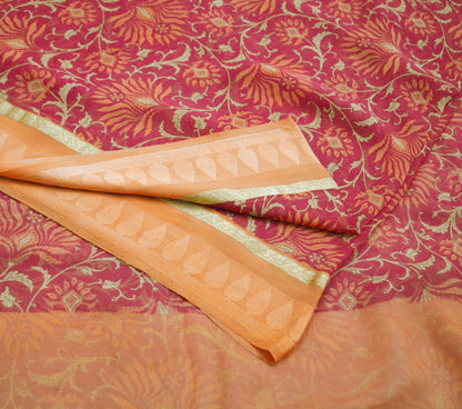 Women Vintage Sari Orange & Pink Pure Chiffon Silk Printed Saree Craft Fabric Sewing 6Yard Soft Light Sari Dress Making Zari