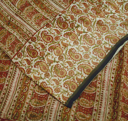 Women Vintage Sari Beige Pure Chiffon Silk Printed Saree Craft Fabric Sewing 6Yard Soft Light Sari Dress Making Floral